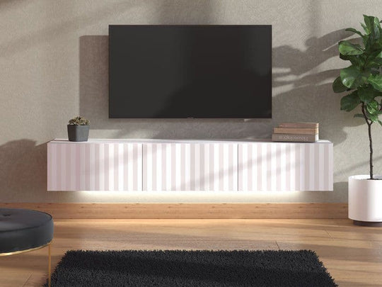 Modern Wall Mounted TV Stand in White Slat Effect – 192 cm Floating Cabinet