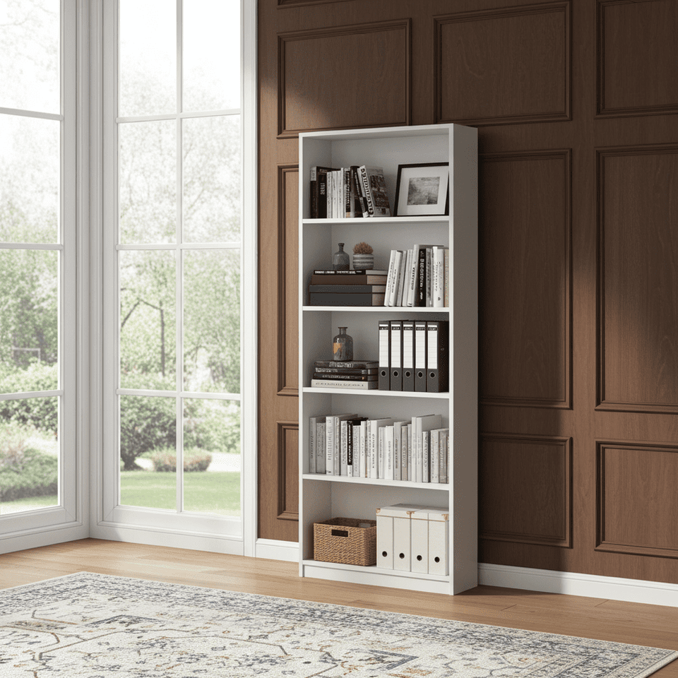 Lavish Kitchen Isle Ecoked Large Arctic White 5-Tier Shelving Bookcase with open shelves for modern home or office storage.