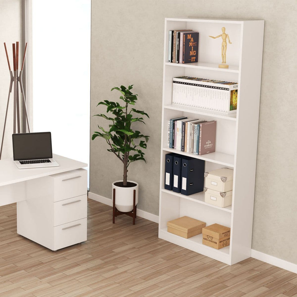 Lavish Kitchen Isle Ecoked Large Arctic White 5-Tier Open Bookcase for modern home or office storage and organization.