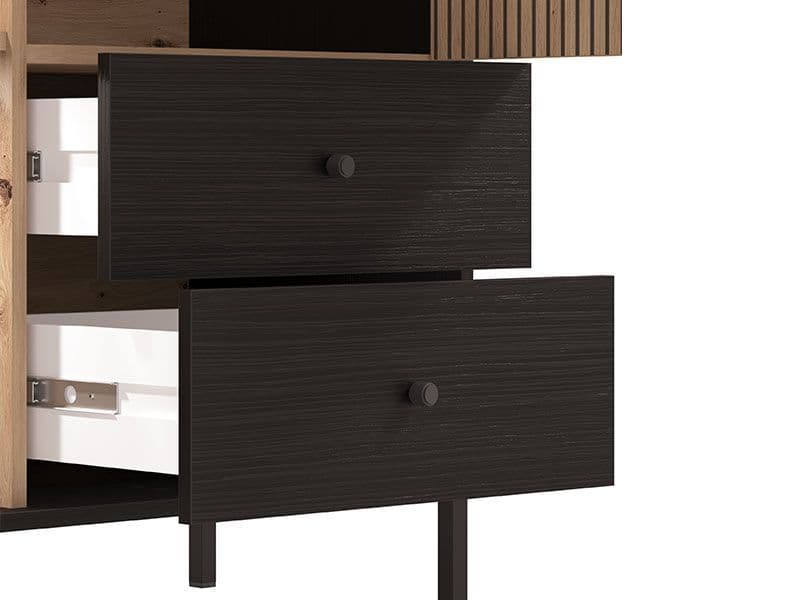 Artisan oak effect and black sideboard with slatted design – cupboard, drawers, and shelves
