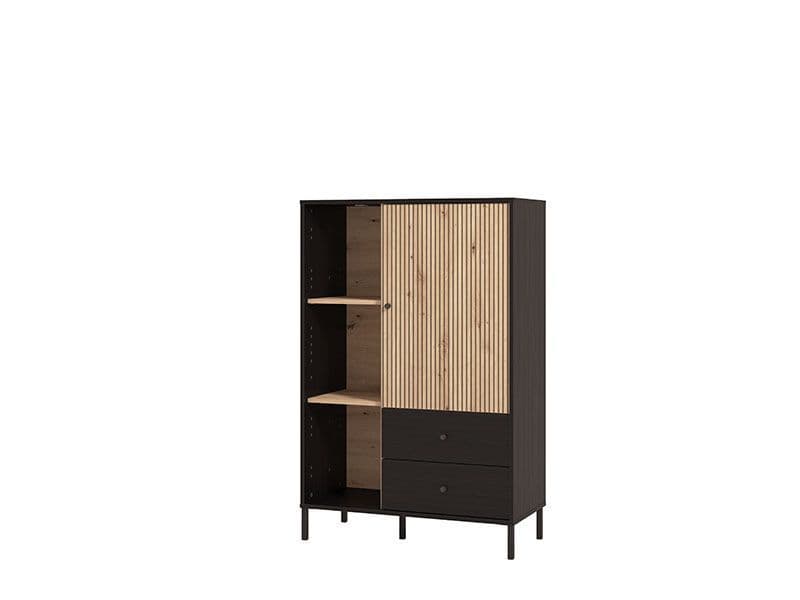 Artisan oak effect and black sideboard with slatted design – cupboard, drawers, and shelves