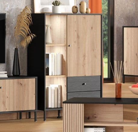 Artisan oak effect and black sideboard with slatted design – cupboard, drawers, and shelves
