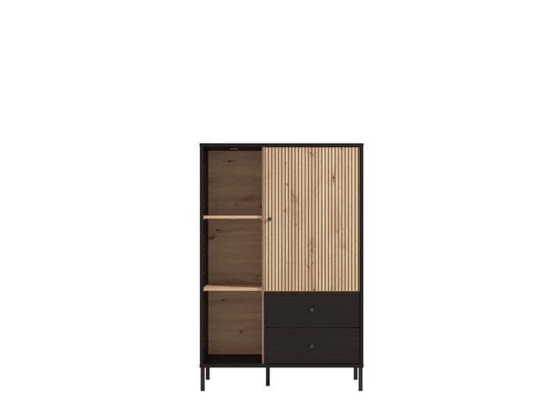 Artisan oak effect and black sideboard with slatted design – cupboard, drawers, and shelves