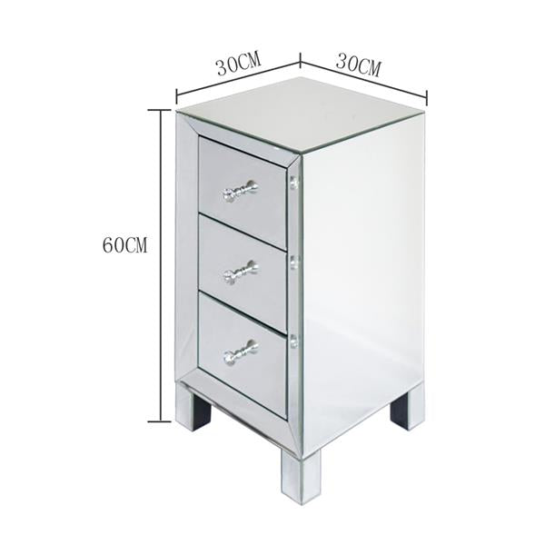 Mirrored 3 Drawer Bedside Table – Modern Glass Nightstand with Crystal Knobs 60cm
