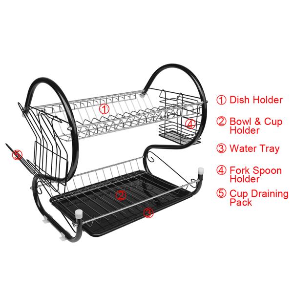 Multifunctional S-shaped Dual Layers Dish Drain Rack Black