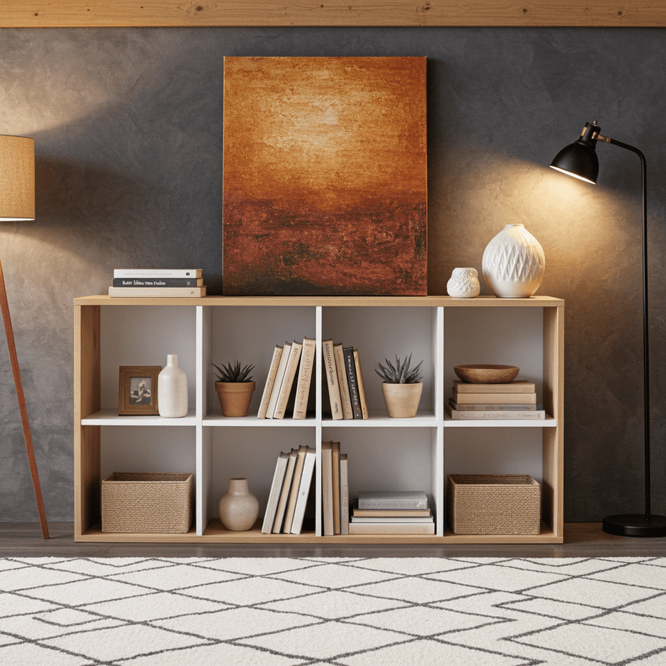Arctic White and Oak 8-tier bookcase by Lavish Kitchen Isle with open shelves for modern storage and organization.