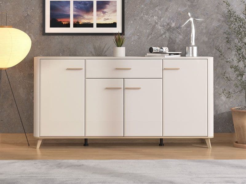 Sideboard Cabinet Storage Unit with Solid Drawer and Doors – Cashmere & Oak Effect – 180cm Wide Buffet for Living & Dining Room