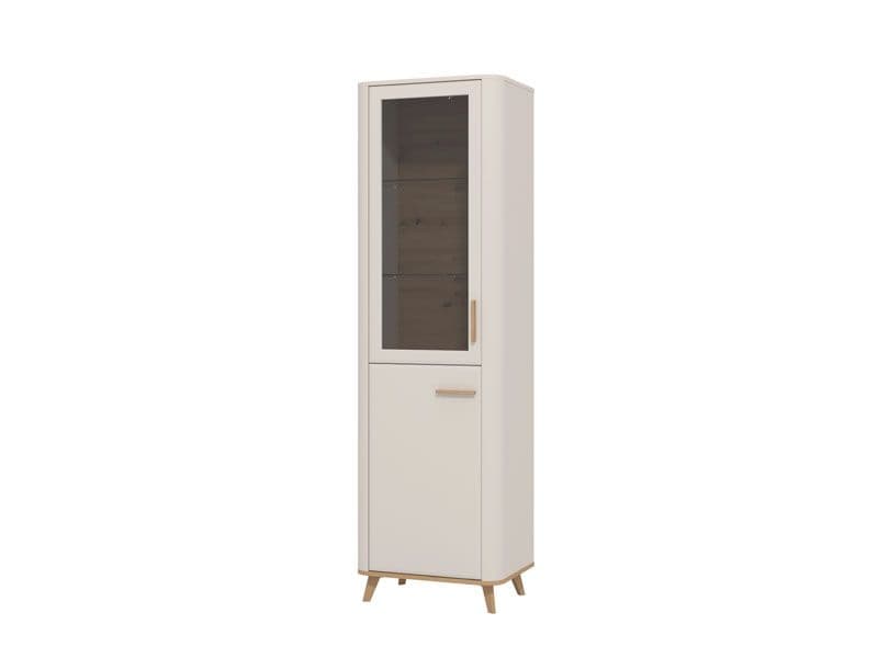 Lavish Kitchen Isle tall display cabinet with cashmere and oak effect, slim 2-door storage shelves unit for showcasing and storage.