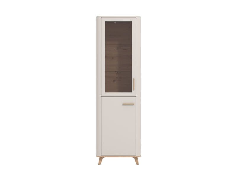 Tall display cabinet by Lavish Kitchen Isle with cashmere and oak effect, featuring slim design and two glass doors for storage.