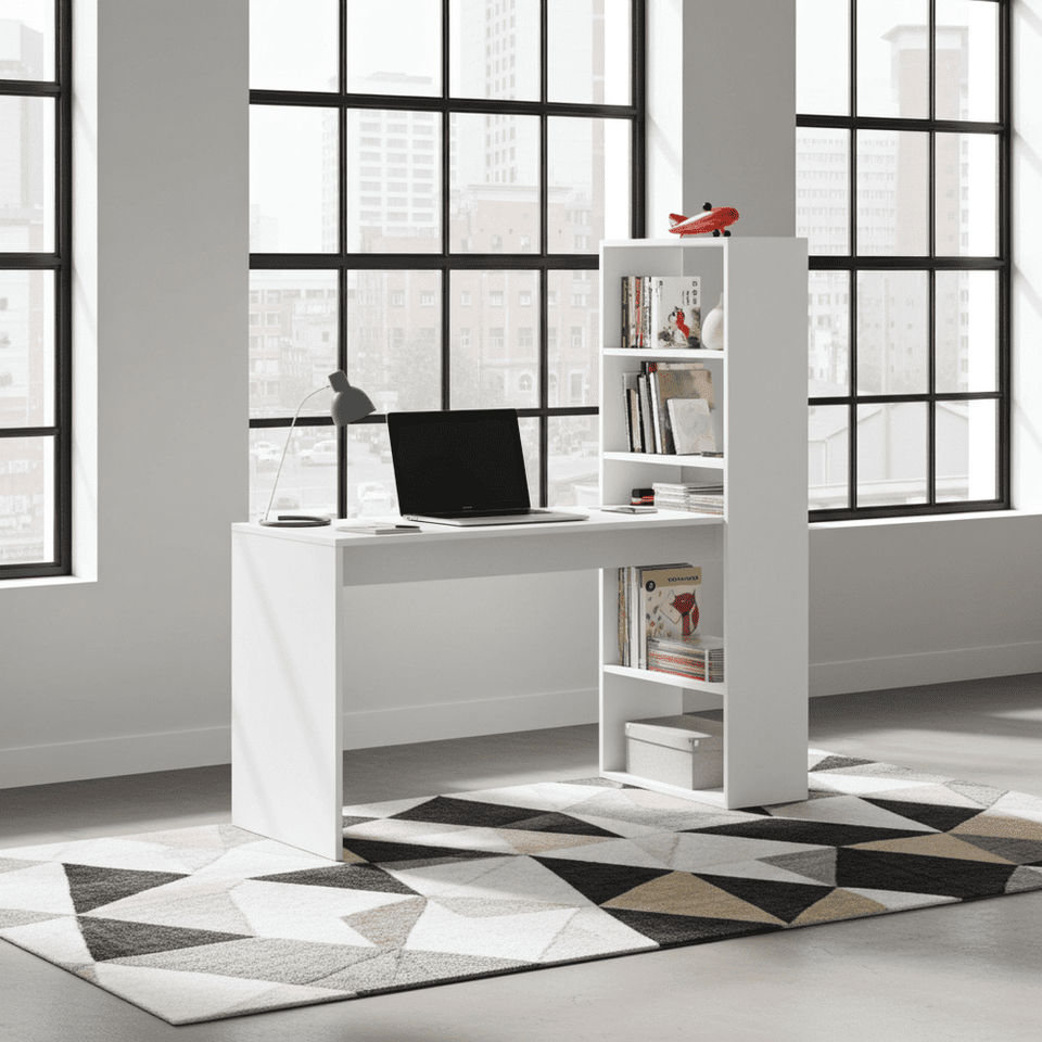 Lavish Kitchen Isle Orvara double white and grey computer desk with integrated bookcase, ideal for home office and study spaces
