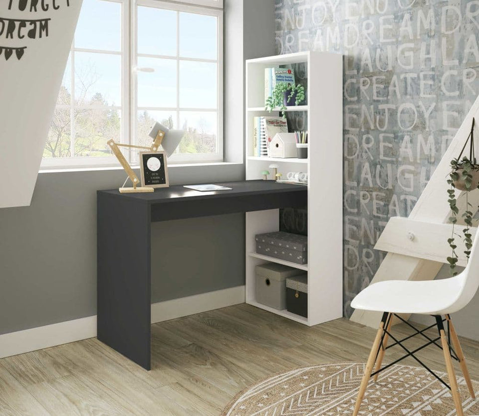 Lavish Kitchen Isle Orvara double white and grey effect computer desk with built-in bookcase, ideal for home office and study.
