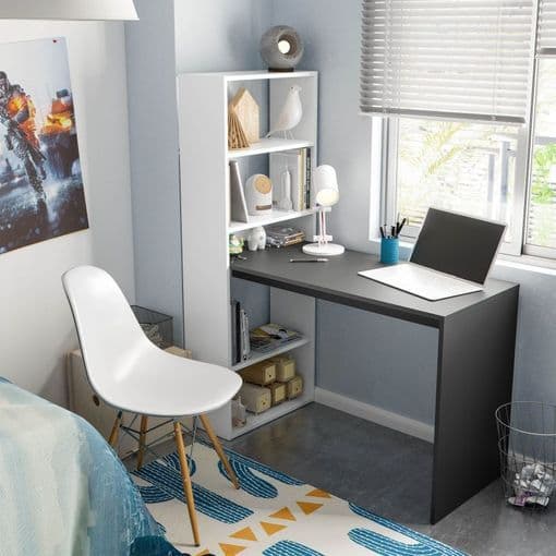 Lavish Kitchen Isle Orvara double white and grey effect computer desk with integrated bookcase, ideal for home office and study.