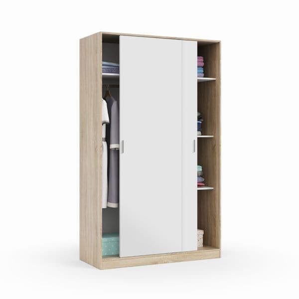 Arctic White & Oak Effect Sliding 2 Door Wardrobe – Small Narrow Bedroom Storage Unit