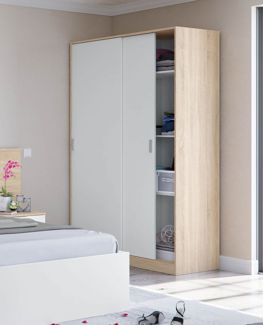 Arctic White & Oak Effect Sliding 2 Door Wardrobe – Small Narrow Bedroom Storage Unit