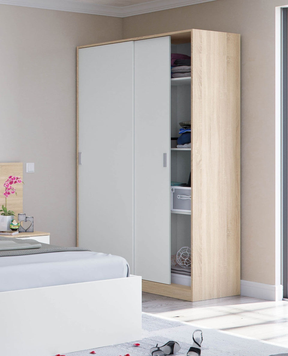 Arctic White & Oak Effect Sliding 2 Door Wardrobe – Small Narrow Bedroom Storage Unit
