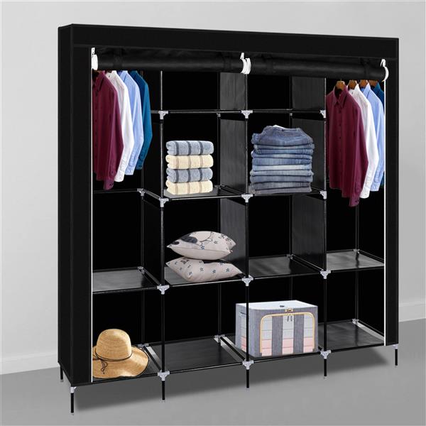 67" Clothes Closet Portable Wardrobe Clothes Storage Rack 12 Shelves 4 Side Pockets Black and Biege