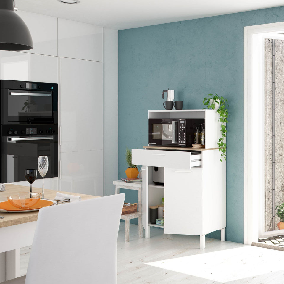 Ferese White Kitchen Cupboard Cabinet with Oak Effect Worktop Storage Unit with 2 Doors, 1 Drawer, and Microwave Hutch