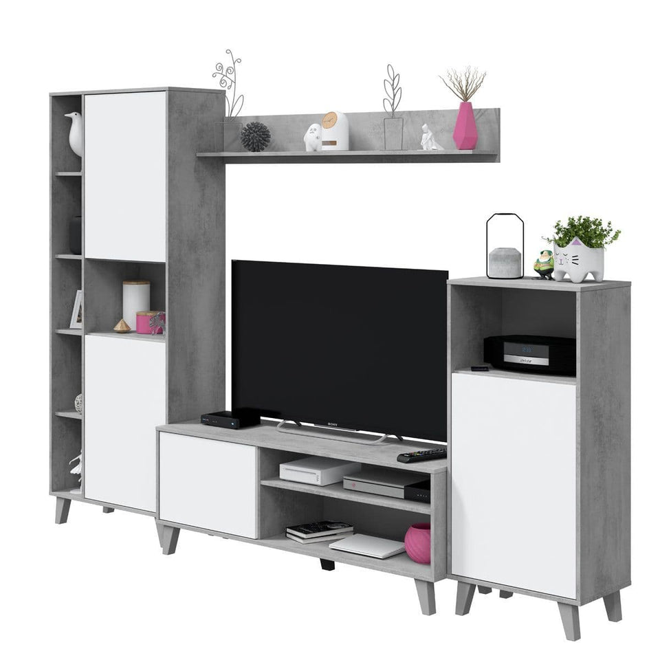 Large Gris white and concrete grey effect TV entertainment wall unit cabinet by Lavish Kitchen Isle, showcasing modern design and ample storage.