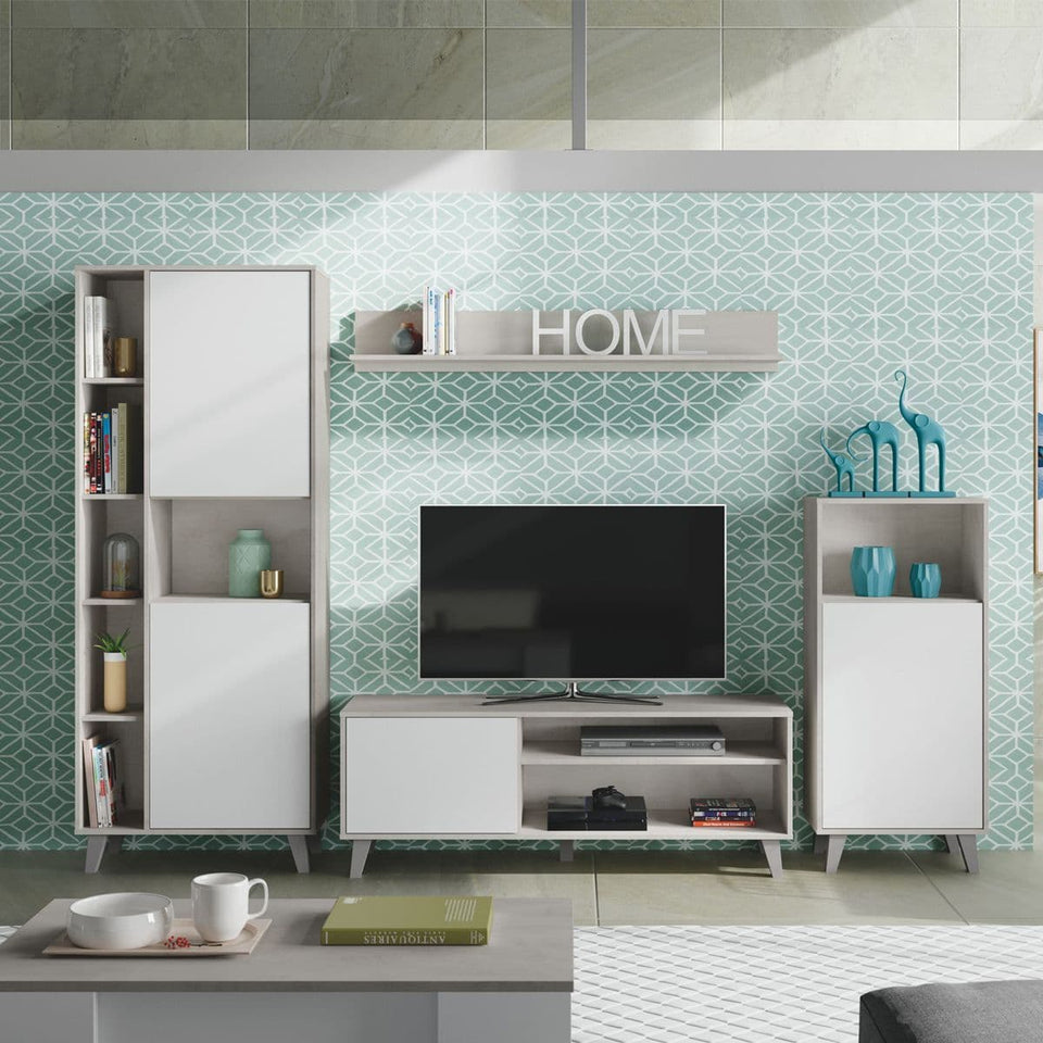 Large TV entertainment wall unit cabinet in white and concrete grey effect by Lavish Kitchen Isle, showcasing modern storage design.