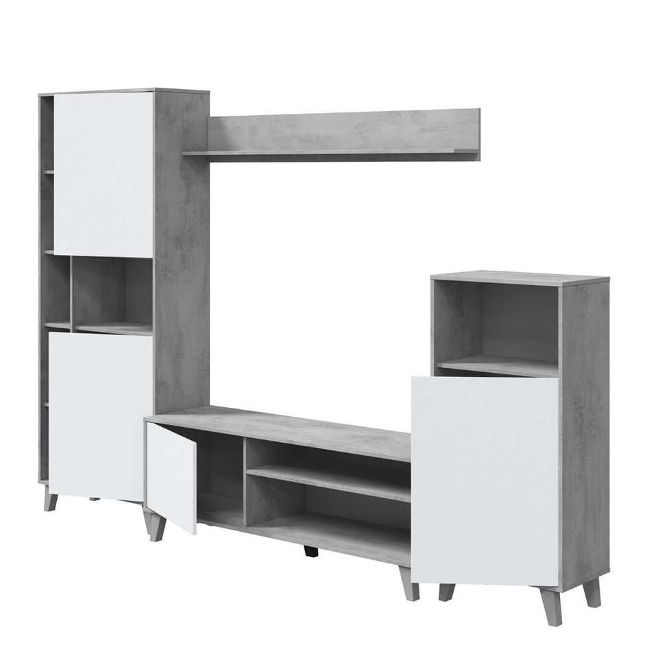 Large TV entertainment wall unit cabinet in Gris White and Concrete Grey effect by Lavish Kitchen Isle, with modern storage compartments.