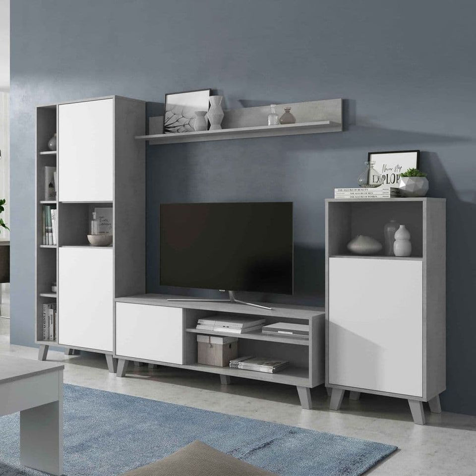 Large TV entertainment wall unit cabinet with white and concrete grey effect, modern design, by Lavish Kitchen Isle.