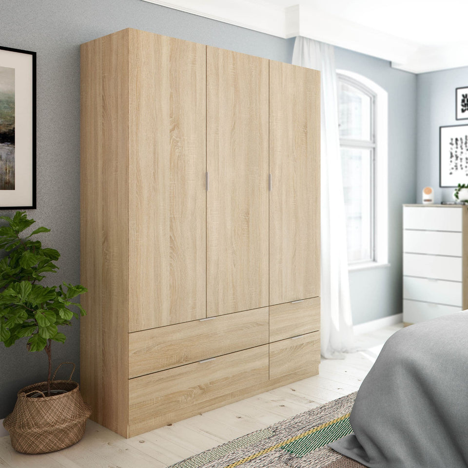 Compact 3 Door 4 Drawer Oak Effect Wardrobe – Modern Bedroom Storage