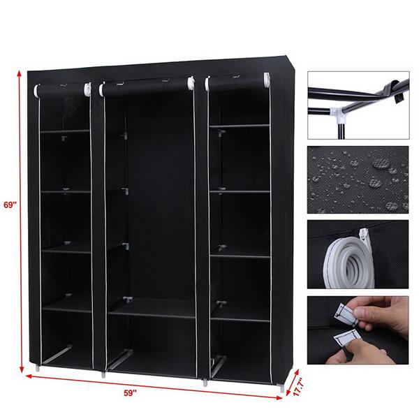 69" Portable Clothes Closet Wardrobe Storage Organizer with Non-Woven Fabric Grey and Black