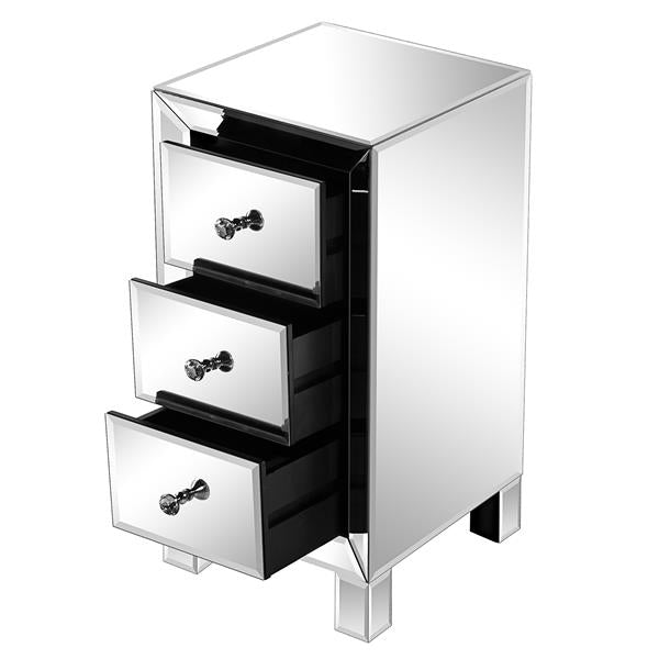 Mirrored 3 Drawer Bedside Table – Modern Glass Nightstand with Crystal Knobs 60cm