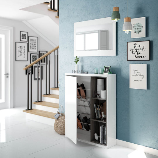 Contemporary White Gloss Shoe Cupboard with Mirror and Shelves