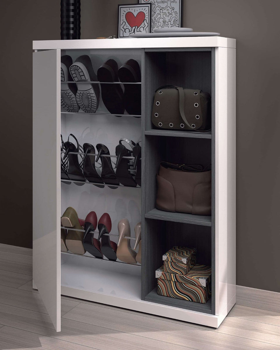 Contemporary White Gloss Shoe Cupboard with Mirror and Shelves