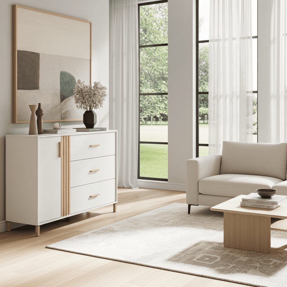 Lavish Kitchen Isle Lagdu cashmere and oak effect chest of drawers with 3 drawers and 1 cupboard, modern storage unit.