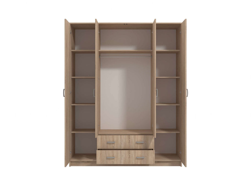 Lavish Kitchen Isle Sonoma Oak Effect 4-Door Wardrobe with 2 Drawers and Mirrors, stylish bedroom storage solution.