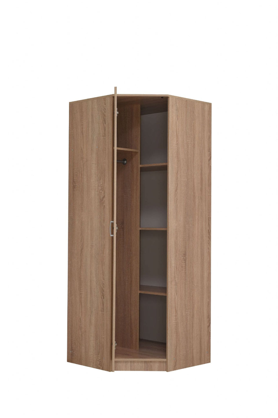 Lavish Kitchen Isle Miami Sonoma Oak Effect Corner Wardrobe with one door, hanging rail, and shelves inside, ideal for bedroom storage.