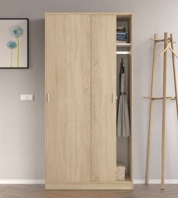 Hansen Canadian Oak effect narrow sliding 2-door wardrobe with hanging rail and shelf for bedroom storage.