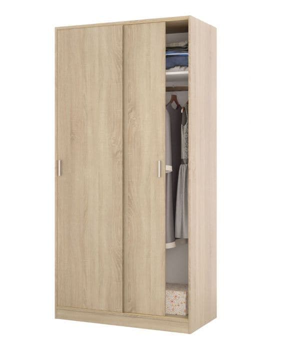 Hansen Canadian Oak-effect narrow sliding 2-door wardrobe with hanging rail and shelf, 100cm wide, by Lavish Kitchen Isle