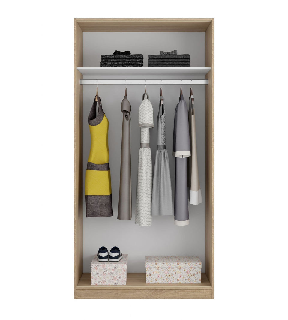 Oak effect narrow sliding wardrobe with two doors, hanging rail, and shelf by Lavish Kitchen Isle, 100cm wide.