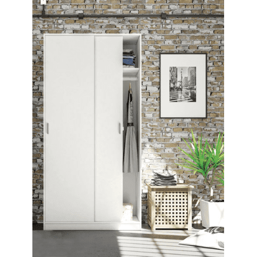 White sliding door wardrobe with two doors, hanging rail, and shelf, ideal for narrow bedroom storage by Lavish Kitchen Isle.