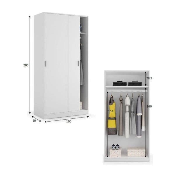 White Sliding Door Wardrobe 2 Door 100cm – Narrow Bedroom Storage with Hanging Rail & Shelf