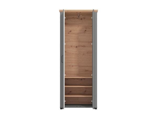 Space-Saving Wardrobe with Mirror and Shelves – Grey and Oak Effect