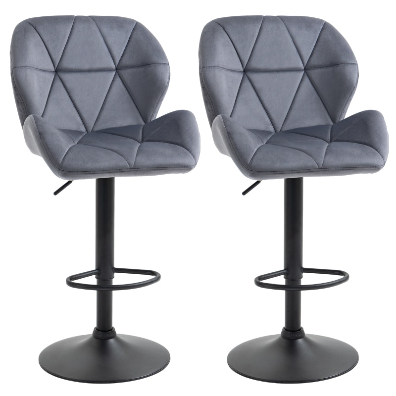 Set of 2 Dark Grey Adjustable Swivel Bar Stools | Upholstered Kitchen Counter Stools with Back for Home Bar and Café