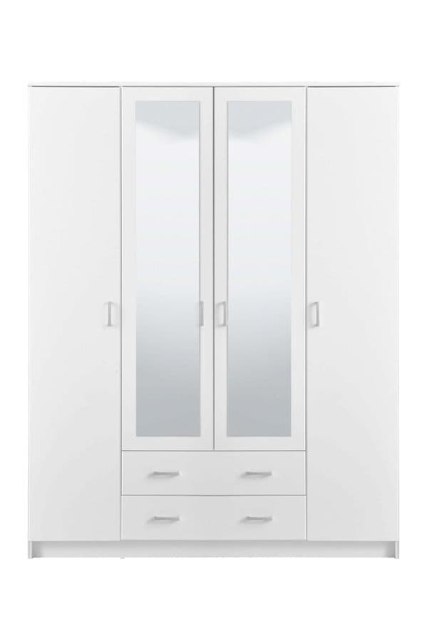Lavish Kitchen Isle Niss White 4-door wardrobe with shelves and hanging rails for modern bedroom storage.