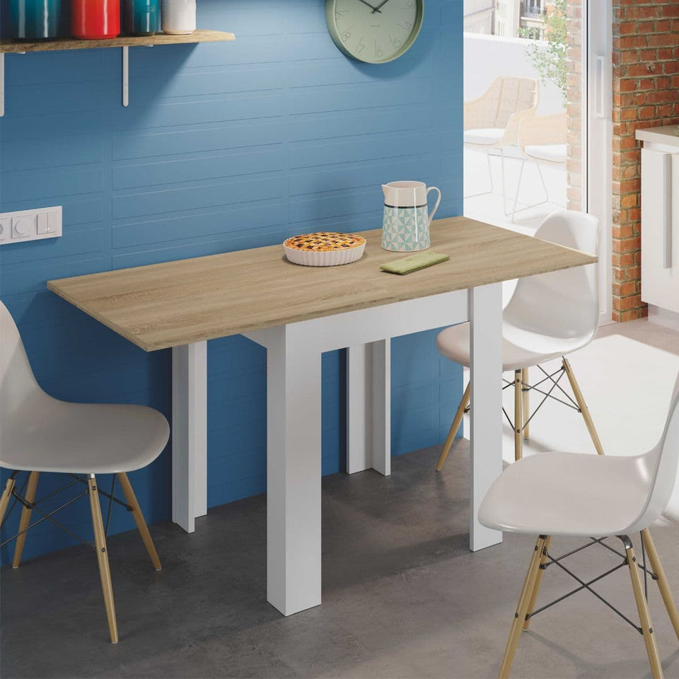 Lavish Kitchen Isle Ridge white and light oak effect extending dining table in a modern kitchen setting, showcasing sleek design and finish.