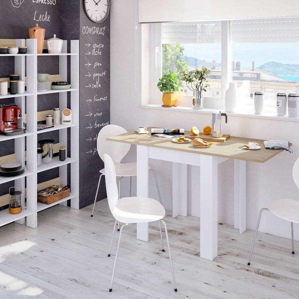 White and light oak effect extending dining table from Lavish Kitchen Isle, small modern kitchen furniture with sleek design.