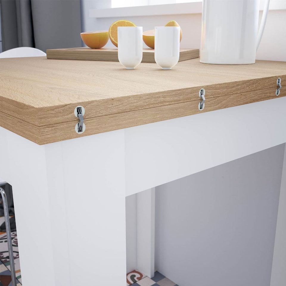 Lavish Kitchen Isle Ridge white and light oak effect extending dining table in a modern kitchen setting, showcasing its sleek design.