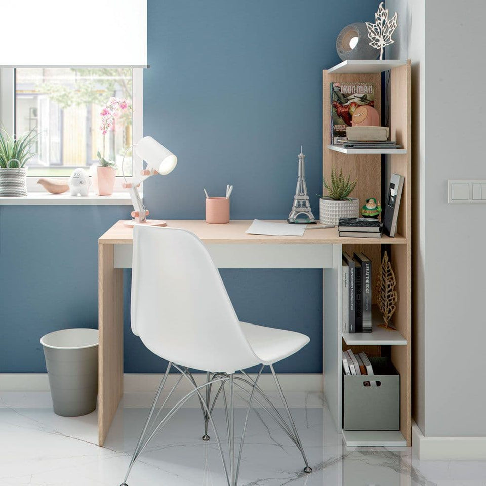 Orvara White and Oak Effect Desk with Bookcase - Home Office Study Table Computer Laptop Workstation