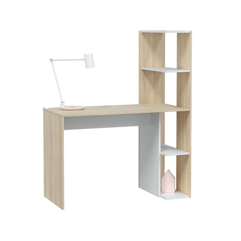 Orvara White and Oak Effect Desk with Bookcase - Home Office Study Table Computer Laptop Workstation