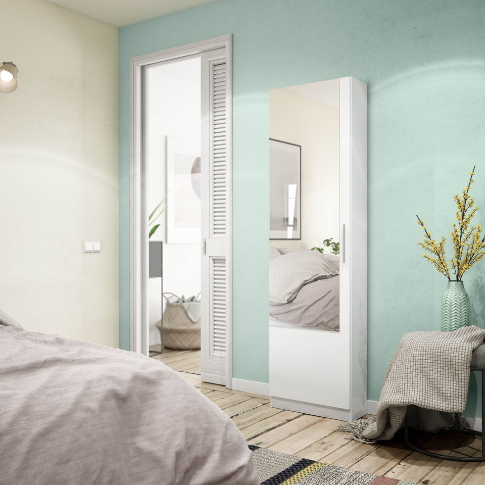 Giovanni Arctic White Tall Mirrored Shoe Rack Cabinet Wooden Space-Saving Storage for 16 Pairs