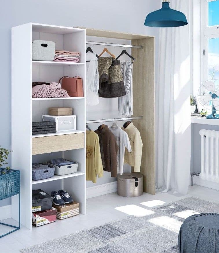 Oak and White Open Door Wardrobe 158cm Wide Bedroom Storage Cupboard with Shelves and Hanging Rails