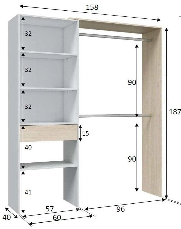 Oak and White Open Door Wardrobe 158cm Wide Bedroom Storage Cupboard with Shelves and Hanging Rails