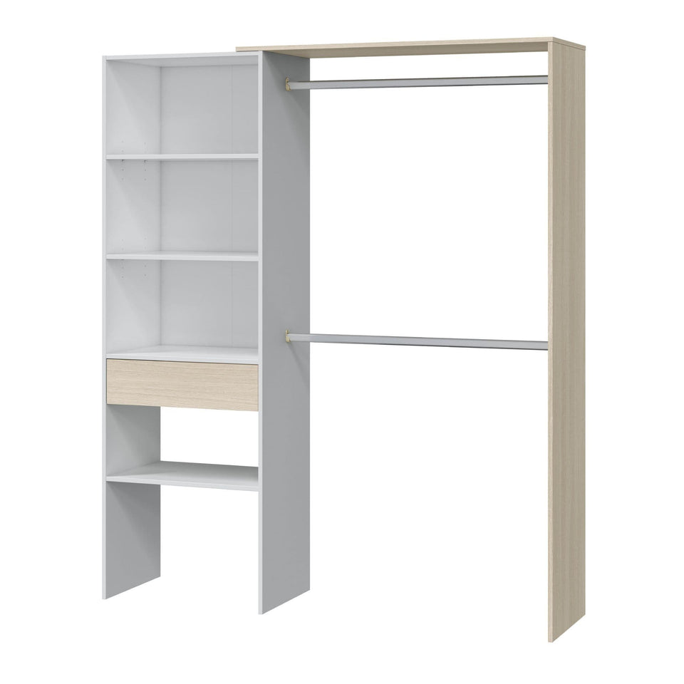 Oak and white open-door wardrobe with shelves and hanging rails, 158cm wide, from Lavish Kitchen Isle for bedroom storage.